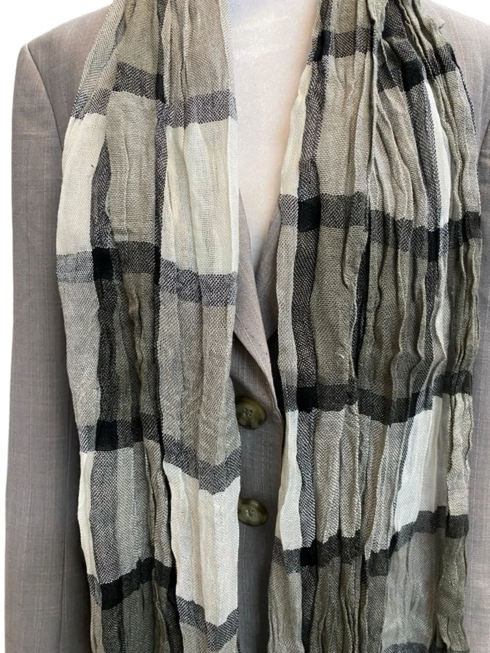 PLAID Scarf lightweight gauzy black gray white bottom fringe